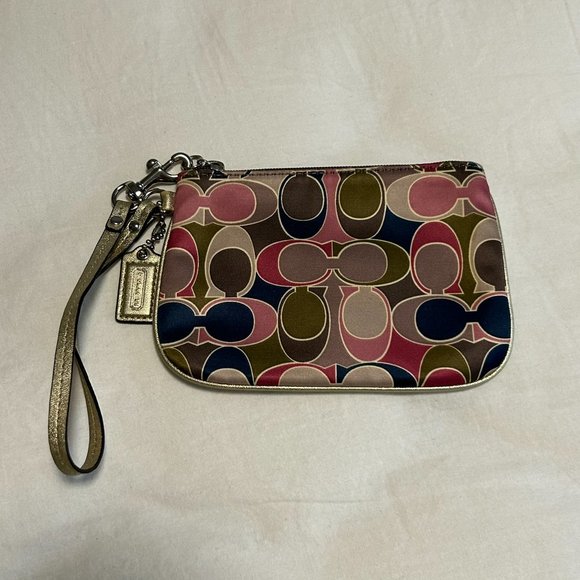 Coach Scarf Satin Leather Print | Small Multi-Colour Wristlet | Pink Gold - Picture 2 of 9